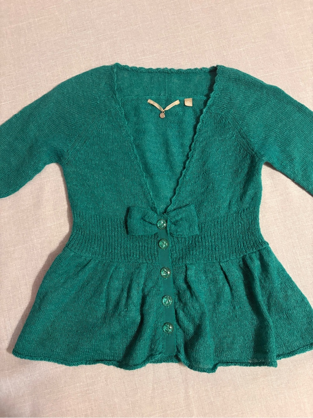 Knitted & Knotted Teal Green Bow Peplum Cardigan Wool Mohair